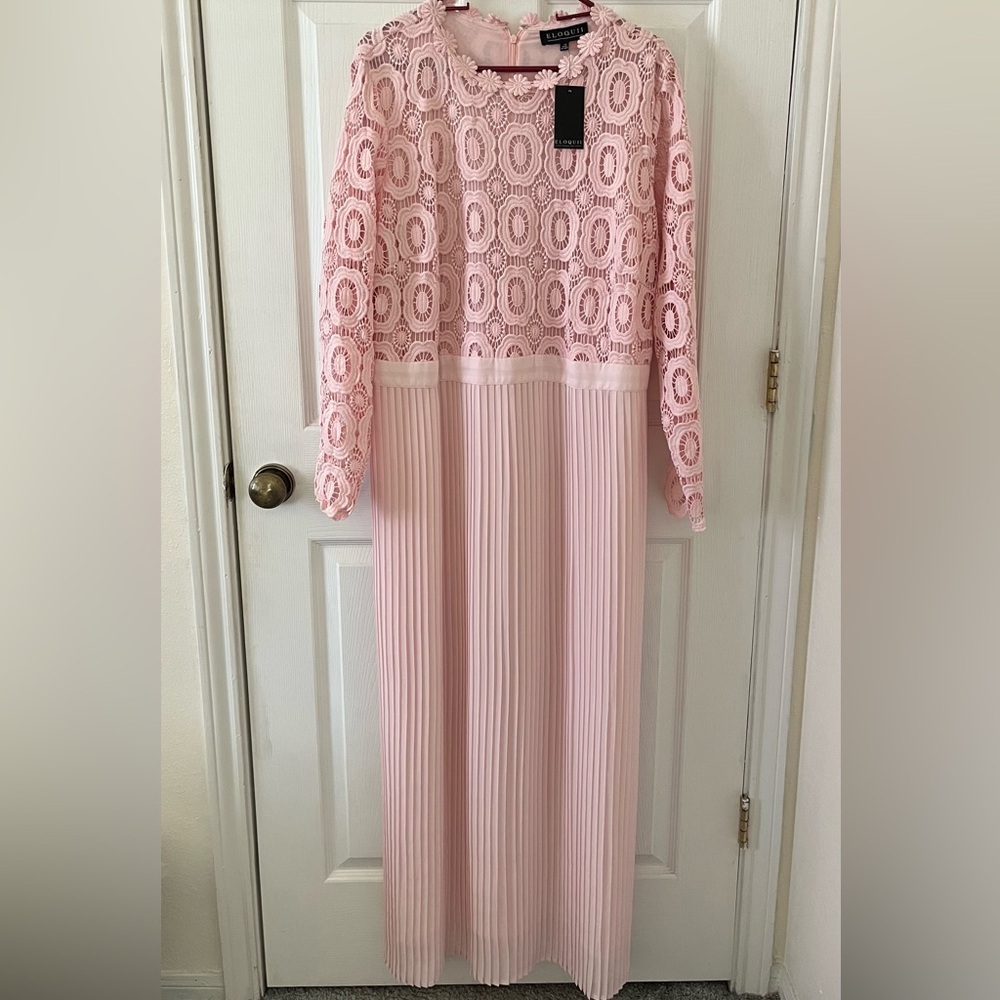 Eloquii Pink Long Sleeve Lace & Pleated Maxi Dress - Picture 2 of 4